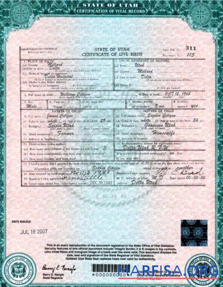 Downloadable USA Utah state birth certificate template in PSD format